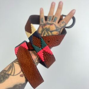 EMBROIDERED 1990’s 90s Cognac Brown Pigskin Leather Western Belt 35-39 Waist L
